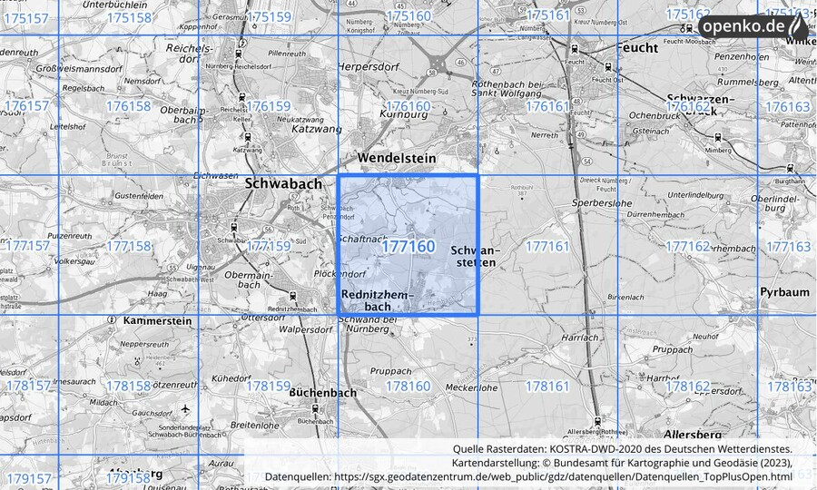 Übersichtskarte des KOSTRA-DWD-2020-Rasterfeldes Nr. 177160