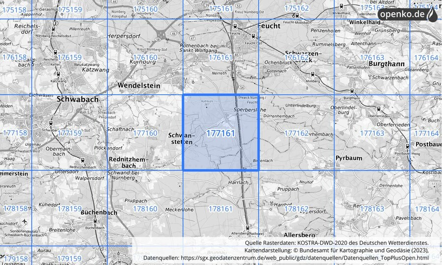 Übersichtskarte des KOSTRA-DWD-2020-Rasterfeldes Nr. 177161