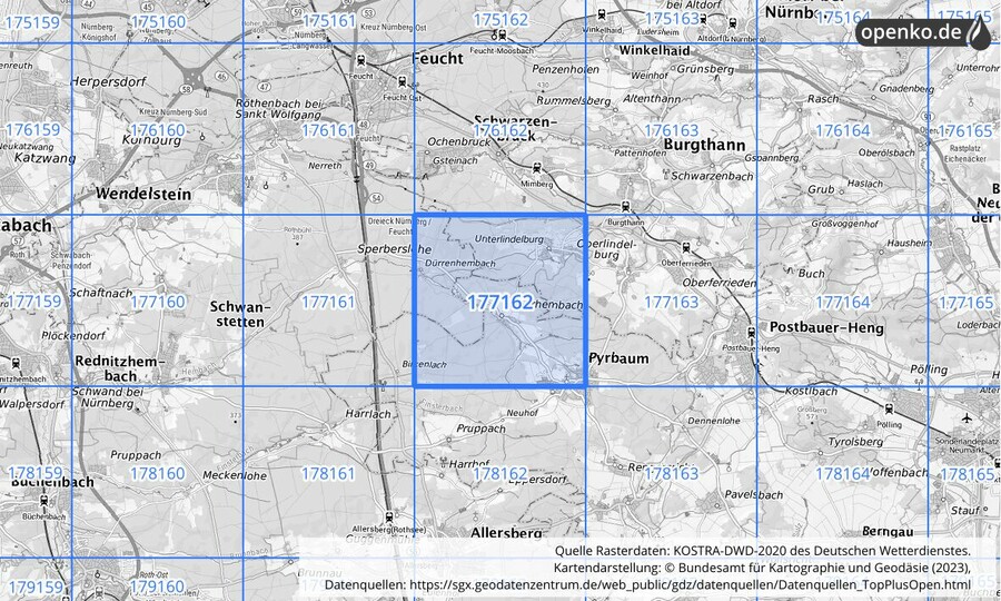 Übersichtskarte des KOSTRA-DWD-2020-Rasterfeldes Nr. 177162