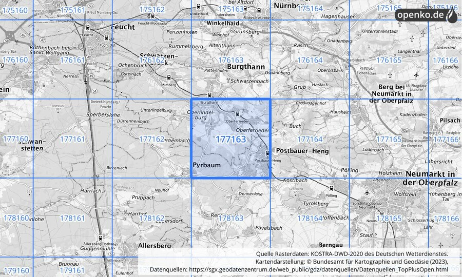 Übersichtskarte des KOSTRA-DWD-2020-Rasterfeldes Nr. 177163