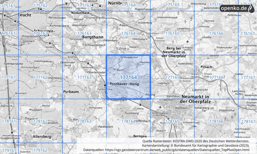 Übersichtskarte des KOSTRA-DWD-2020-Rasterfeldes Nr. 177164