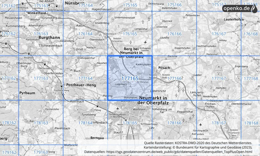 Übersichtskarte des KOSTRA-DWD-2020-Rasterfeldes Nr. 177165