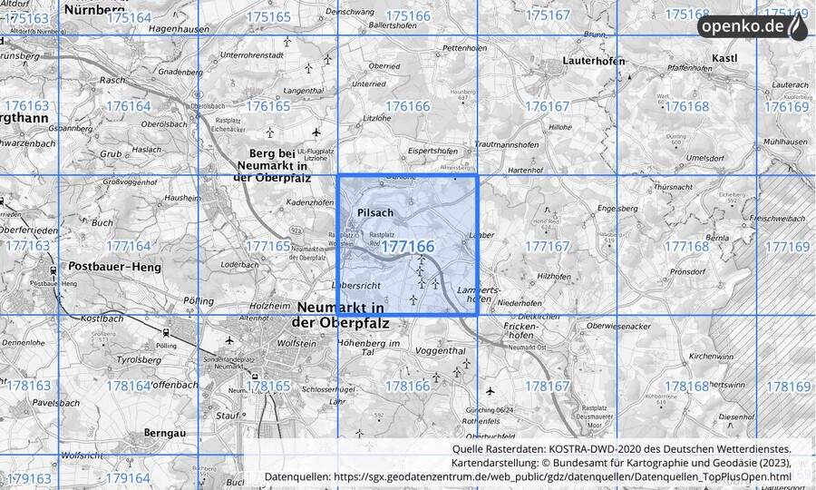 Übersichtskarte des KOSTRA-DWD-2020-Rasterfeldes Nr. 177166