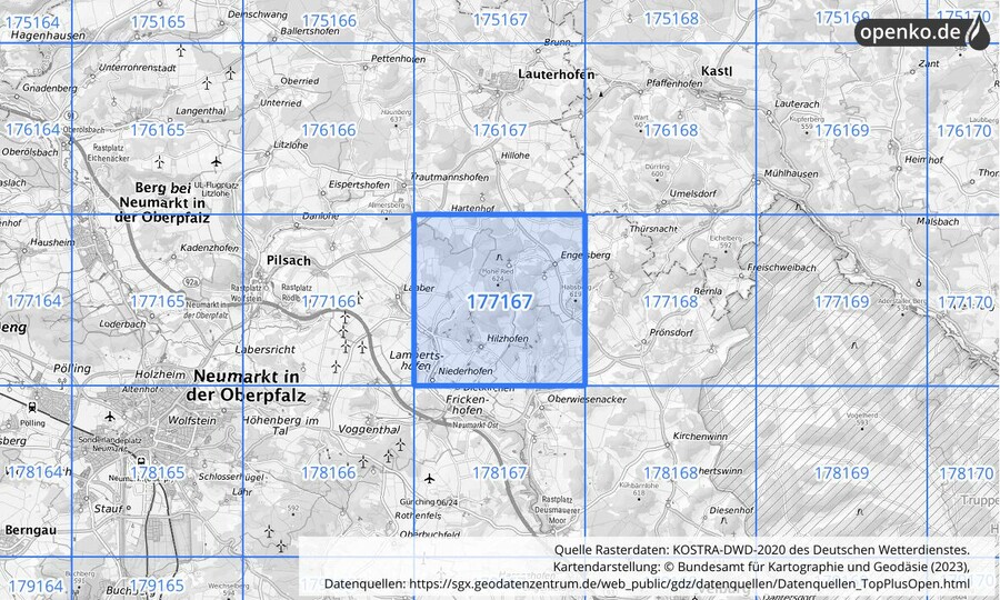 Übersichtskarte des KOSTRA-DWD-2020-Rasterfeldes Nr. 177167