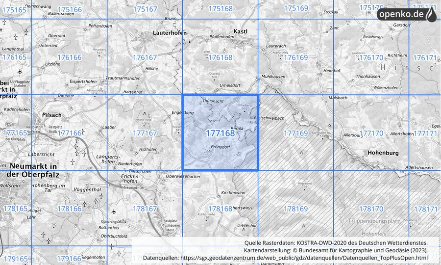 Übersichtskarte des KOSTRA-DWD-2020-Rasterfeldes Nr. 177168