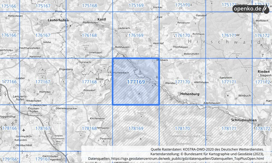 Übersichtskarte des KOSTRA-DWD-2020-Rasterfeldes Nr. 177169