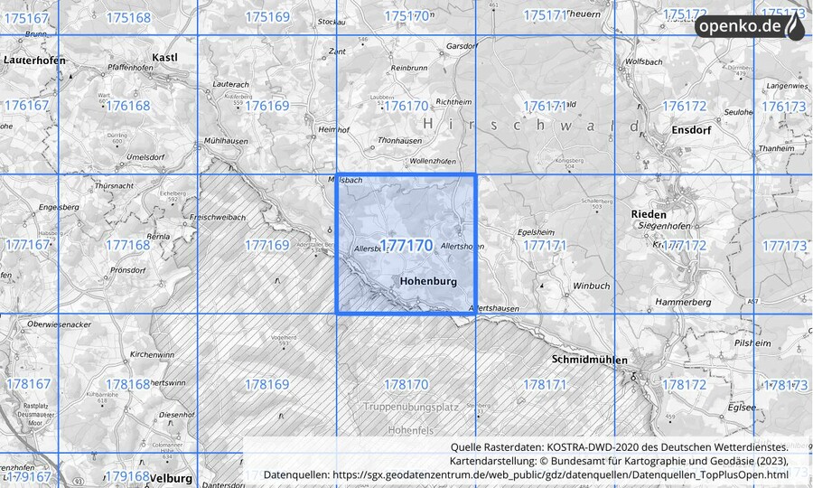 Übersichtskarte des KOSTRA-DWD-2020-Rasterfeldes Nr. 177170