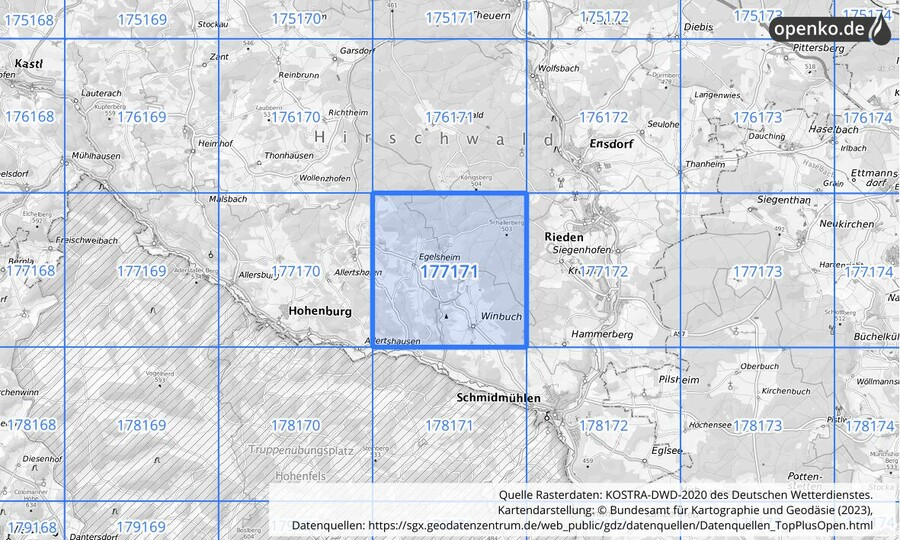 Übersichtskarte des KOSTRA-DWD-2020-Rasterfeldes Nr. 177171