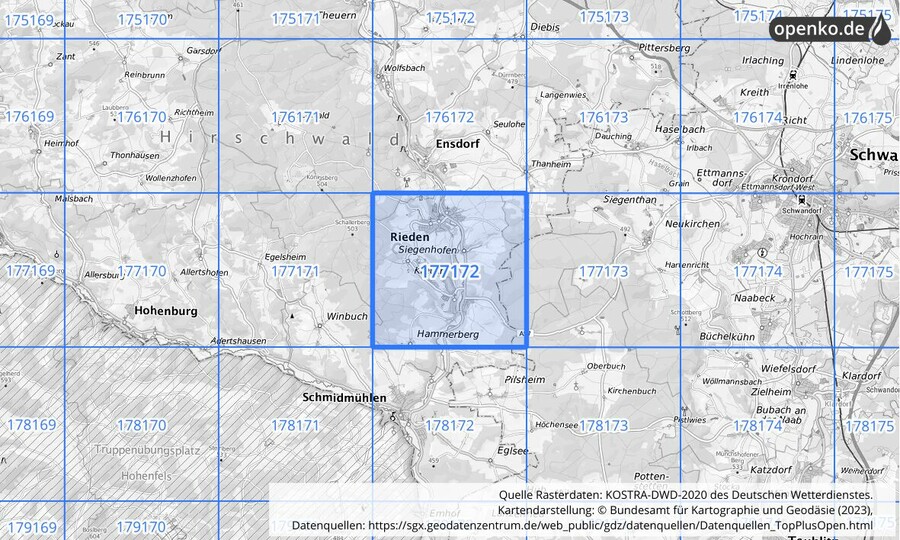 Übersichtskarte des KOSTRA-DWD-2020-Rasterfeldes Nr. 177172