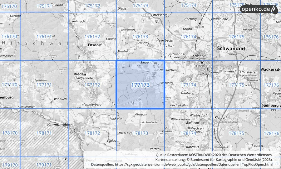Übersichtskarte des KOSTRA-DWD-2020-Rasterfeldes Nr. 177173