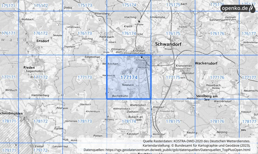 Übersichtskarte des KOSTRA-DWD-2020-Rasterfeldes Nr. 177174