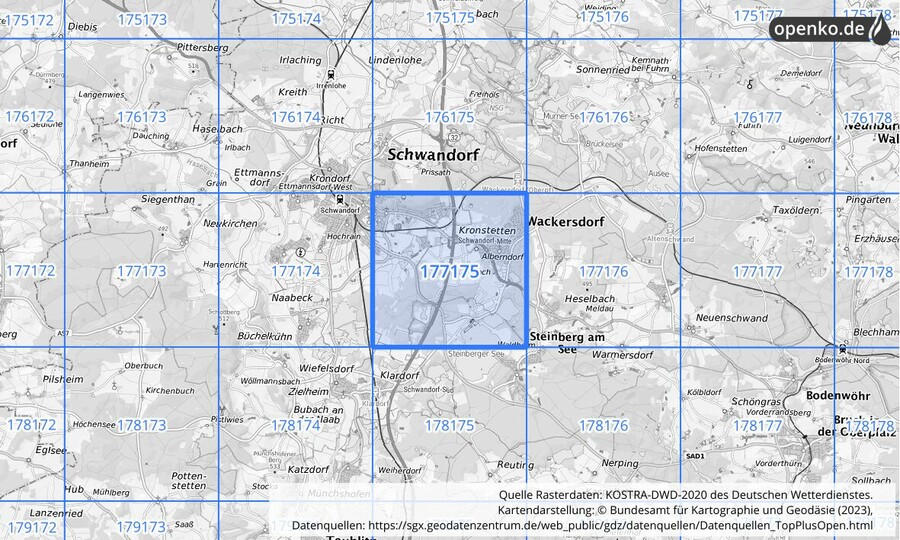 Übersichtskarte des KOSTRA-DWD-2020-Rasterfeldes Nr. 177175