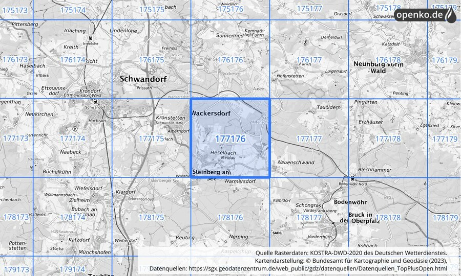 Übersichtskarte des KOSTRA-DWD-2020-Rasterfeldes Nr. 177176