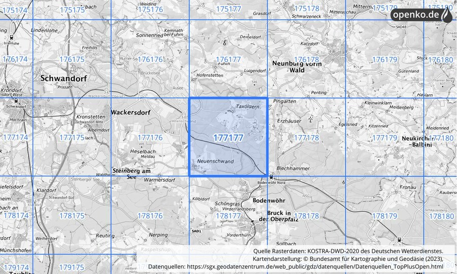 Übersichtskarte des KOSTRA-DWD-2020-Rasterfeldes Nr. 177177