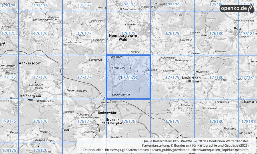 Übersichtskarte des KOSTRA-DWD-2020-Rasterfeldes Nr. 177178