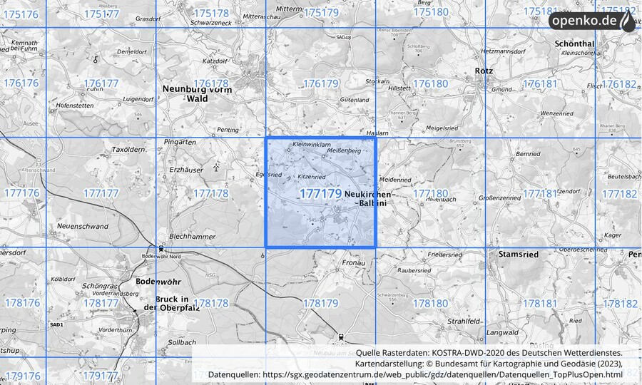 Übersichtskarte des KOSTRA-DWD-2020-Rasterfeldes Nr. 177179