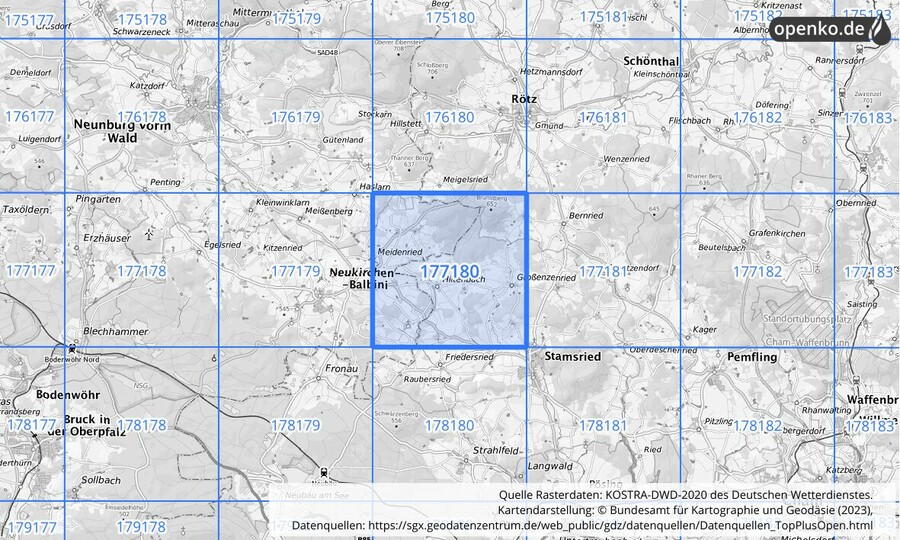 Übersichtskarte des KOSTRA-DWD-2020-Rasterfeldes Nr. 177180