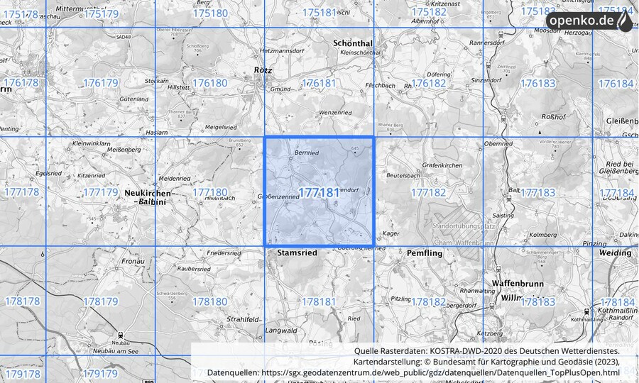 Übersichtskarte des KOSTRA-DWD-2020-Rasterfeldes Nr. 177181