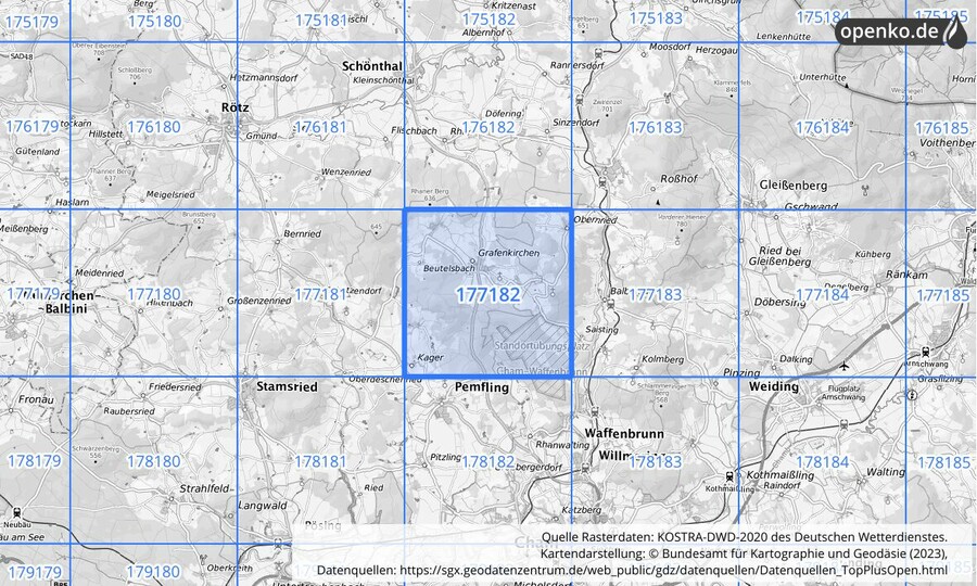 Übersichtskarte des KOSTRA-DWD-2020-Rasterfeldes Nr. 177182