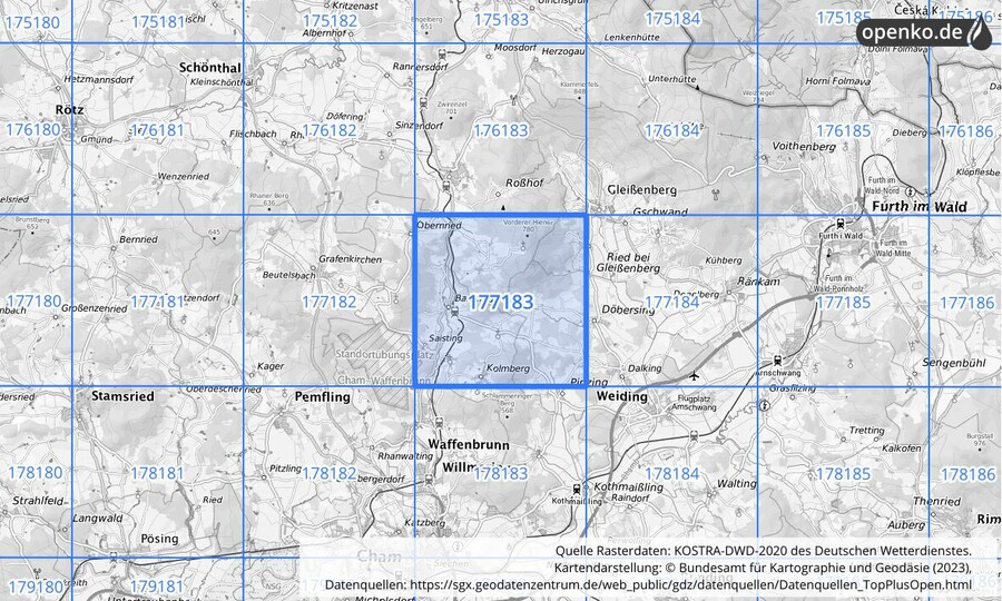 Übersichtskarte des KOSTRA-DWD-2020-Rasterfeldes Nr. 177183
