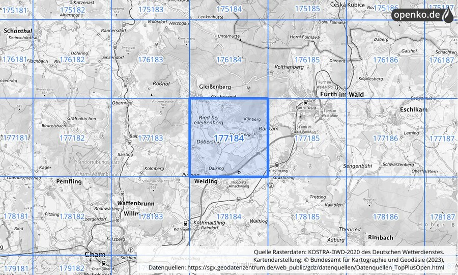 Übersichtskarte des KOSTRA-DWD-2020-Rasterfeldes Nr. 177184
