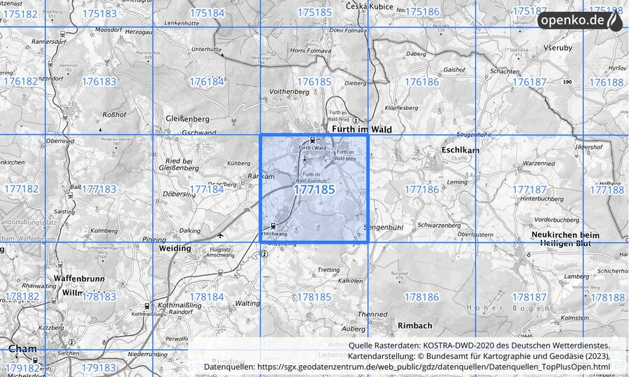 Übersichtskarte des KOSTRA-DWD-2020-Rasterfeldes Nr. 177185