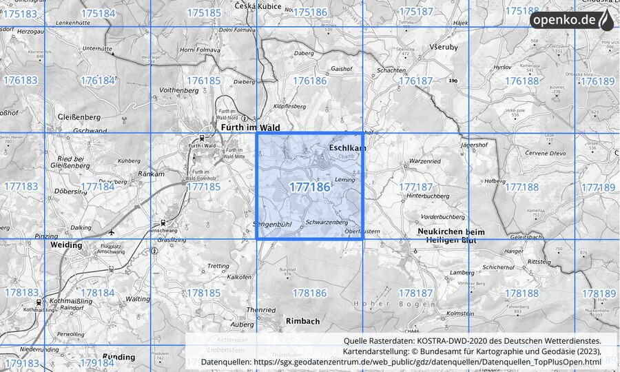 Übersichtskarte des KOSTRA-DWD-2020-Rasterfeldes Nr. 177186