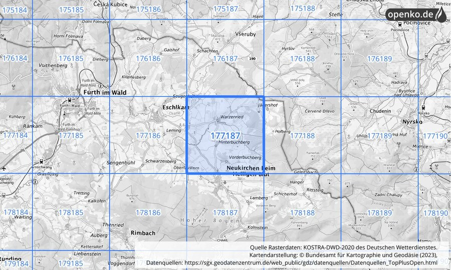 Übersichtskarte des KOSTRA-DWD-2020-Rasterfeldes Nr. 177187