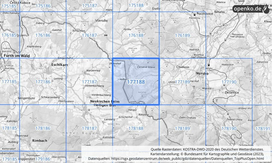 Übersichtskarte des KOSTRA-DWD-2020-Rasterfeldes Nr. 177188