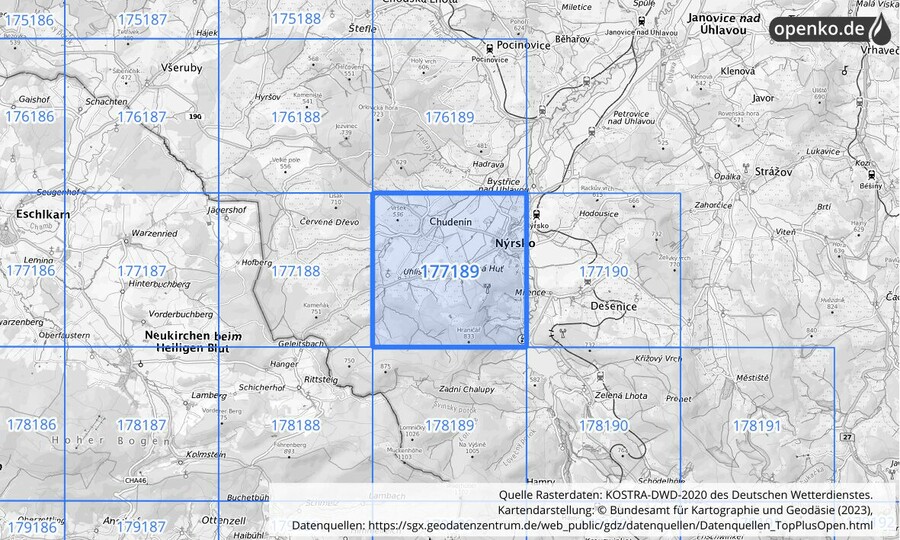 Übersichtskarte des KOSTRA-DWD-2020-Rasterfeldes Nr. 177189