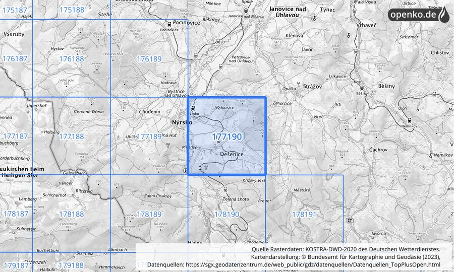 Übersichtskarte des KOSTRA-DWD-2020-Rasterfeldes Nr. 177190