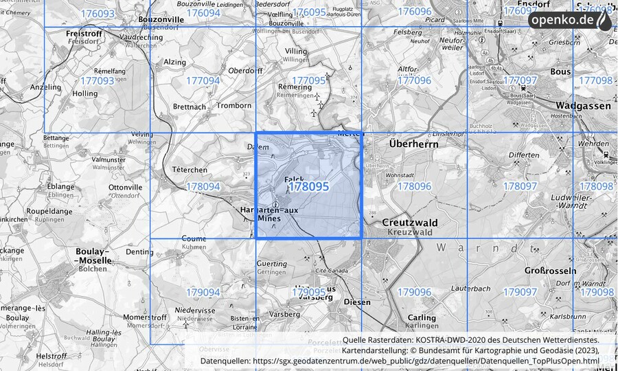 Übersichtskarte des KOSTRA-DWD-2020-Rasterfeldes Nr. 178095