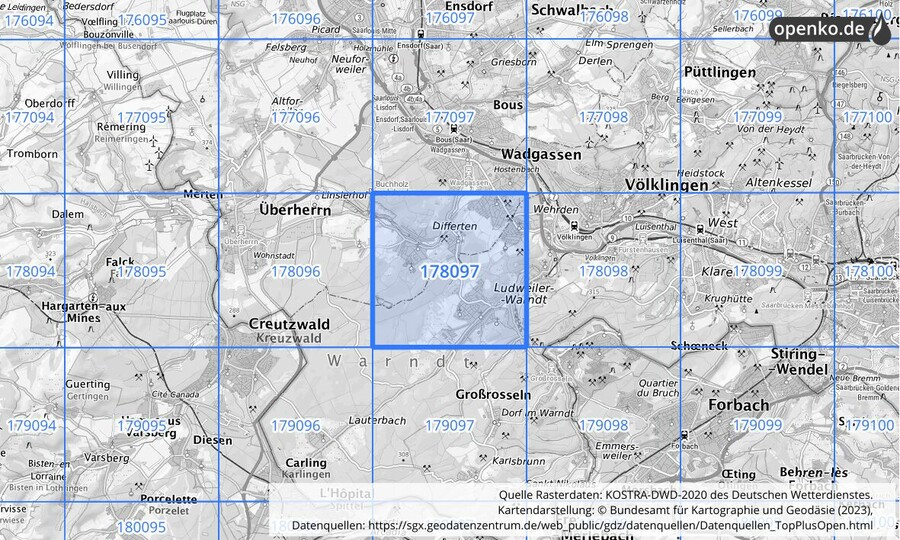 Übersichtskarte des KOSTRA-DWD-2020-Rasterfeldes Nr. 178097