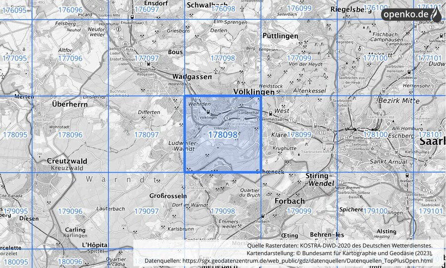 Übersichtskarte des KOSTRA-DWD-2020-Rasterfeldes Nr. 178098