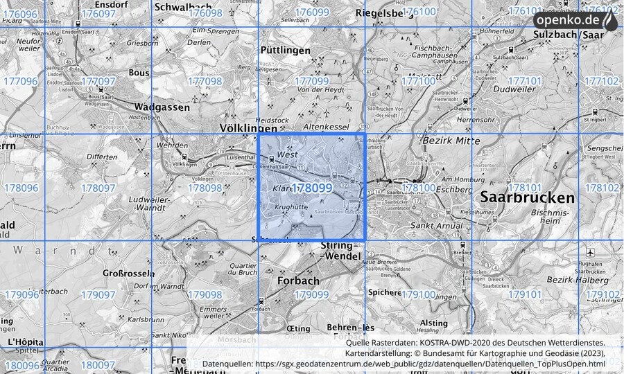 Übersichtskarte des KOSTRA-DWD-2020-Rasterfeldes Nr. 178099