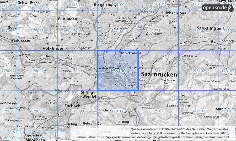 Übersichtskarte des KOSTRA-DWD-2020-Rasterfeldes Nr. 178100