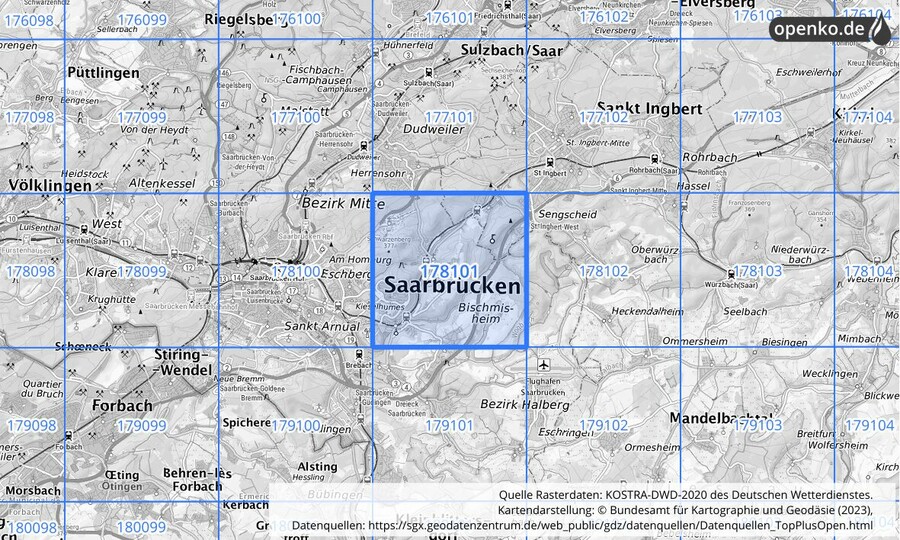 Übersichtskarte des KOSTRA-DWD-2020-Rasterfeldes Nr. 178101