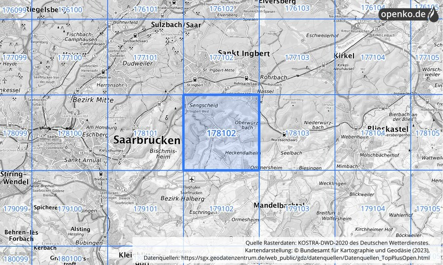 Übersichtskarte des KOSTRA-DWD-2020-Rasterfeldes Nr. 178102