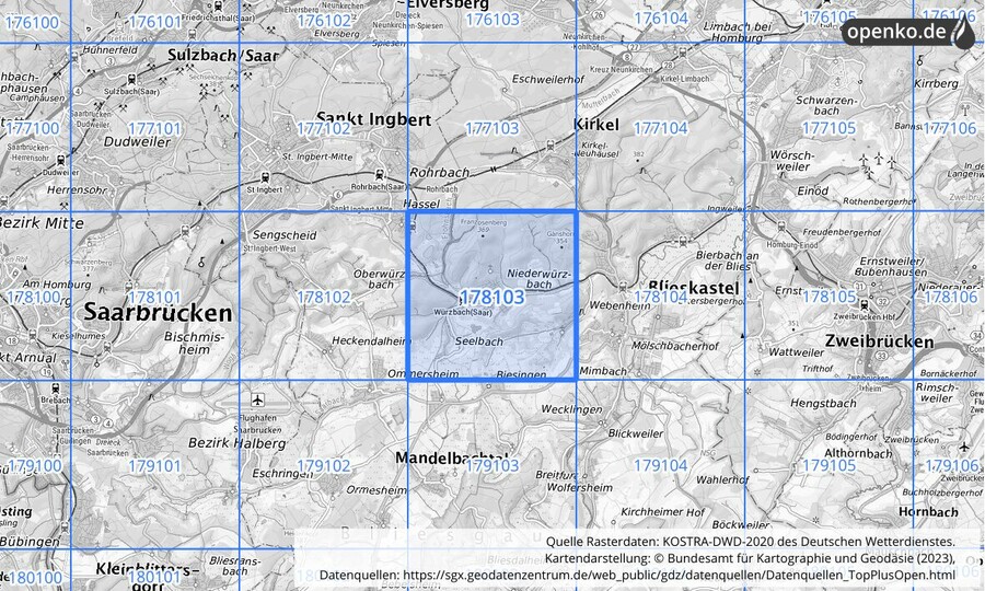 Übersichtskarte des KOSTRA-DWD-2020-Rasterfeldes Nr. 178103