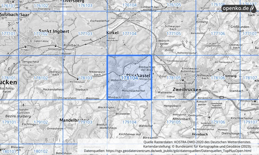 Übersichtskarte des KOSTRA-DWD-2020-Rasterfeldes Nr. 178104