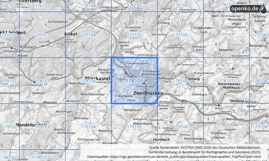 Übersichtskarte des KOSTRA-DWD-2020-Rasterfeldes Nr. 178105