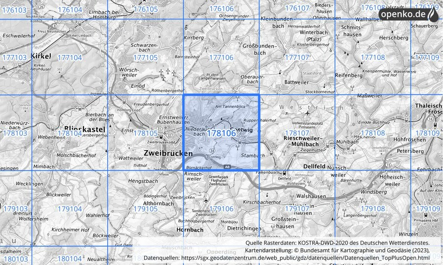 Übersichtskarte des KOSTRA-DWD-2020-Rasterfeldes Nr. 178106