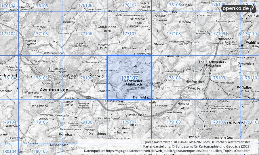 Übersichtskarte des KOSTRA-DWD-2020-Rasterfeldes Nr. 178107