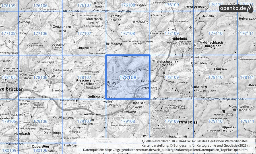 Übersichtskarte des KOSTRA-DWD-2020-Rasterfeldes Nr. 178108