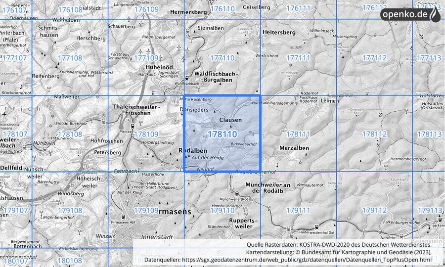 Übersichtskarte des KOSTRA-DWD-2020-Rasterfeldes Nr. 178110