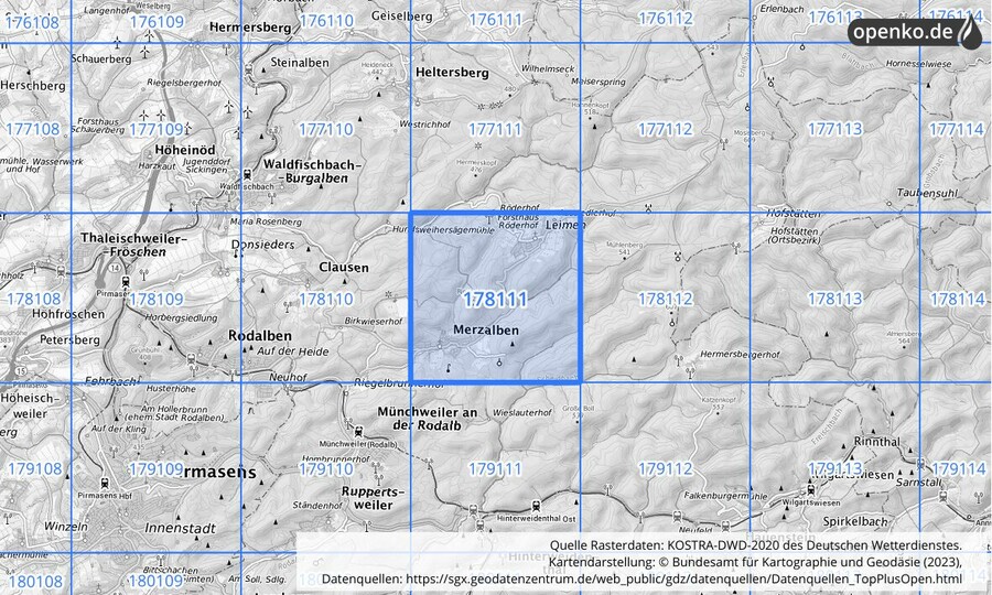 Übersichtskarte des KOSTRA-DWD-2020-Rasterfeldes Nr. 178111