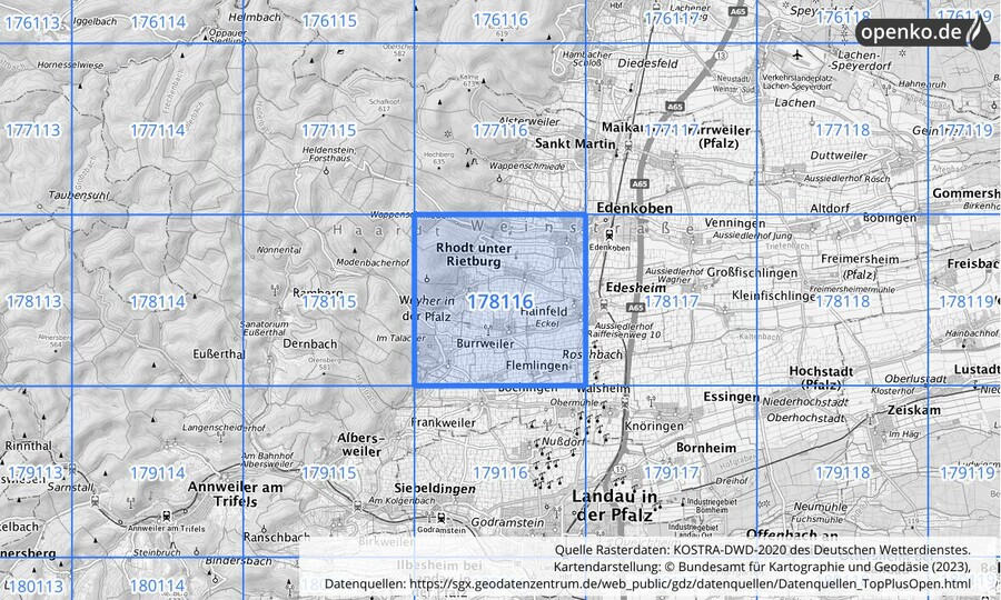 Übersichtskarte des KOSTRA-DWD-2020-Rasterfeldes Nr. 178116