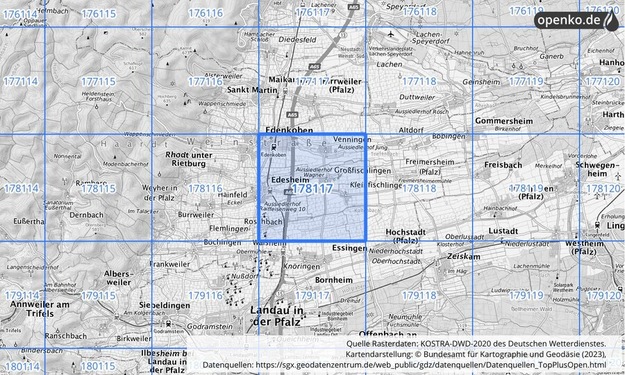 Übersichtskarte des KOSTRA-DWD-2020-Rasterfeldes Nr. 178117