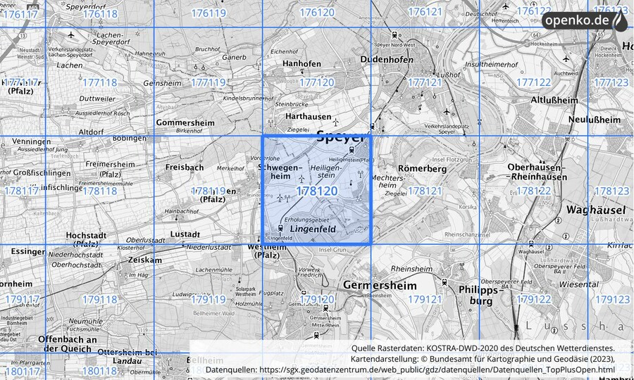 Übersichtskarte des KOSTRA-DWD-2020-Rasterfeldes Nr. 178120