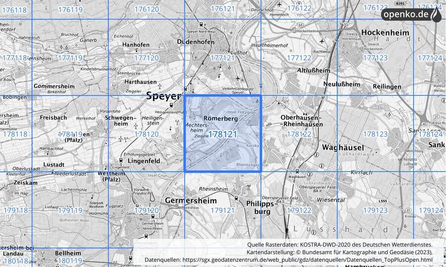 Übersichtskarte des KOSTRA-DWD-2020-Rasterfeldes Nr. 178121